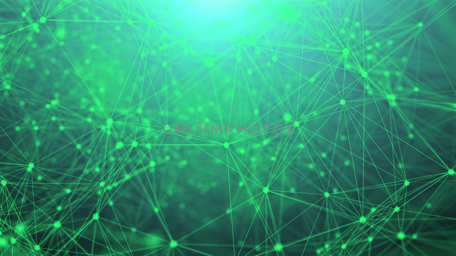 A fantastic 3d rendering of a network of different geometric triangles and figures composing some unknown communication system. They are interconnected in the dark green background.