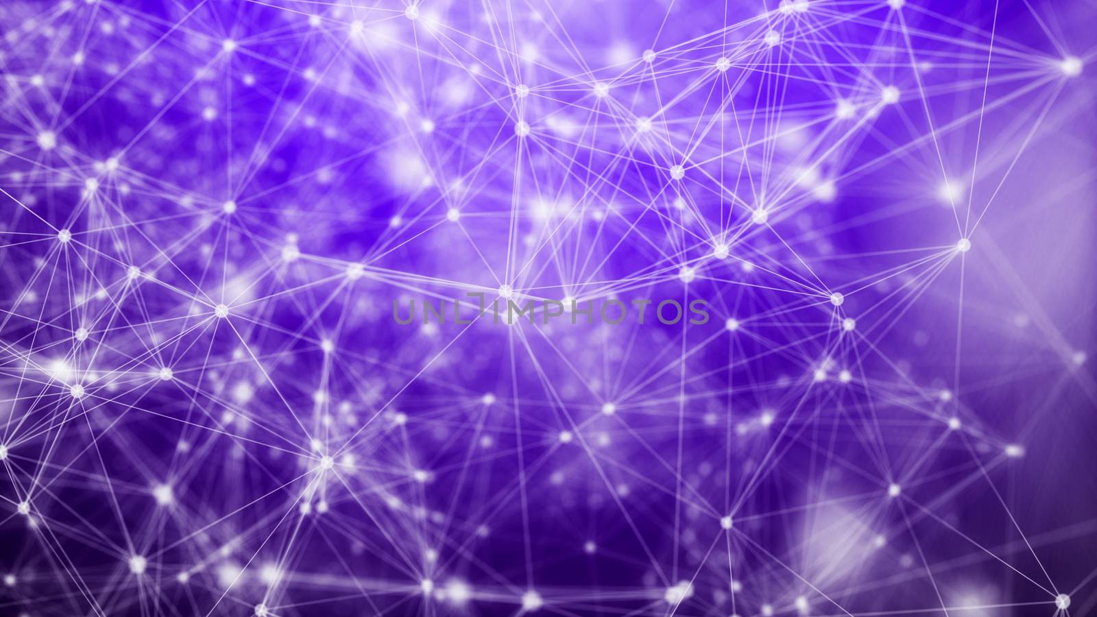 A fantastic 3d rendering of a network of various geometric triangles and figures making some specific communication system. They are interconnected in the dark violet background