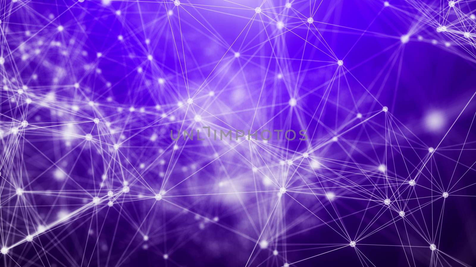 A splendid 3d illustration of a plexus of various neo-geo triangles and figures weaving some communication system from white routes. They are connected in the violet background.