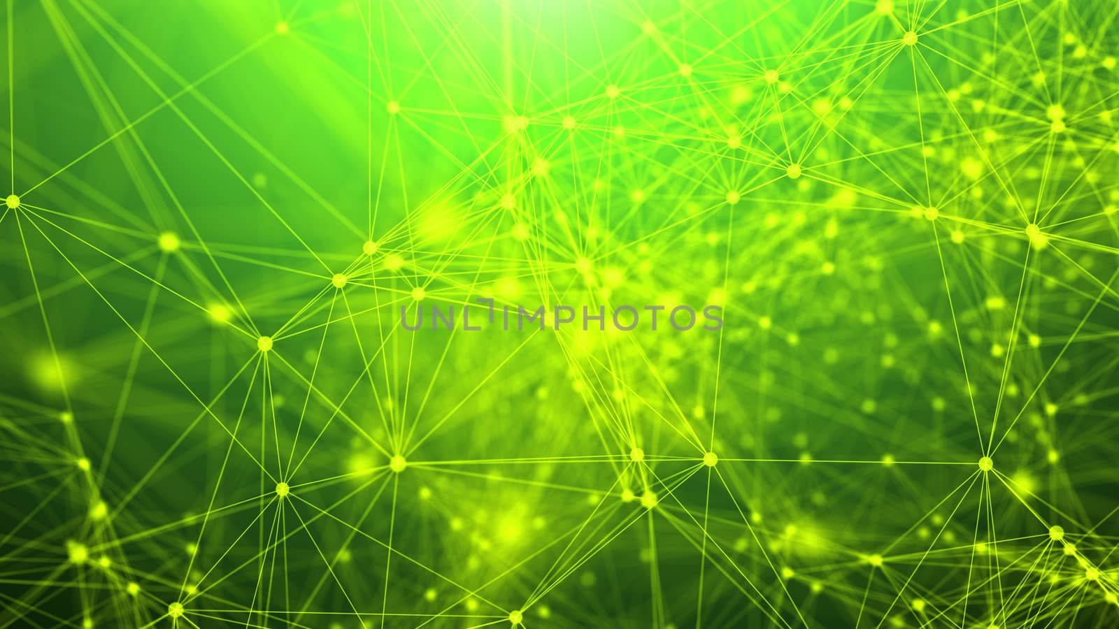 A sparkling 3d rendering of a network of different neo-geo triangles and dots weaving some communication system from yellow routes. They are connected in the green background