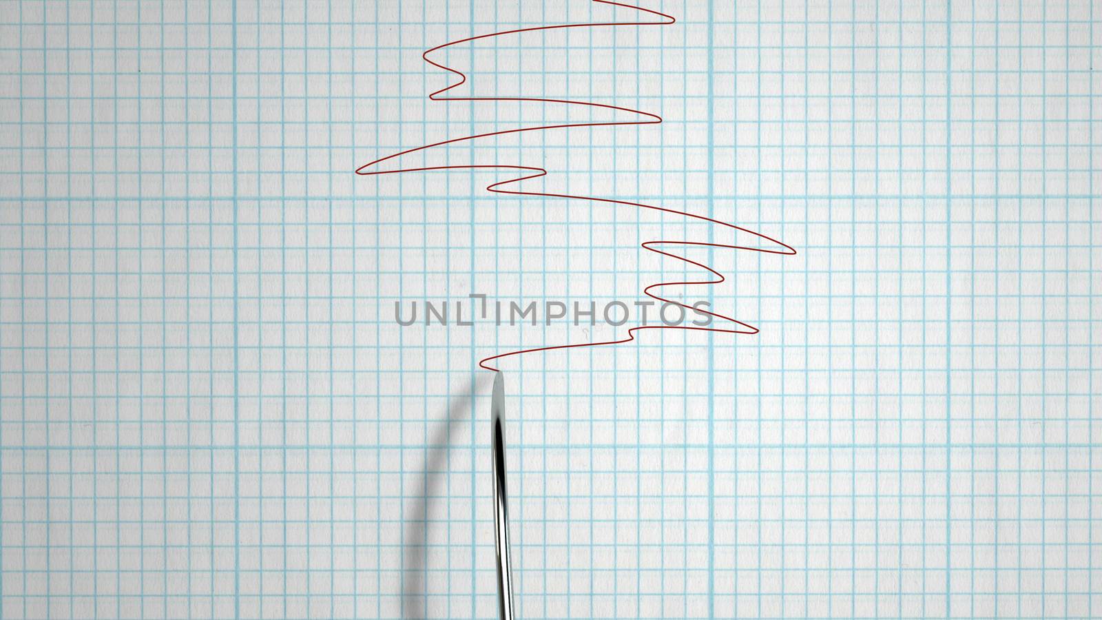An exciting 3d rendering of a lie detector with a metallic stick writing a curvy line on a paper for school copybooks. The lines have different dimentions. It means somebody is lying