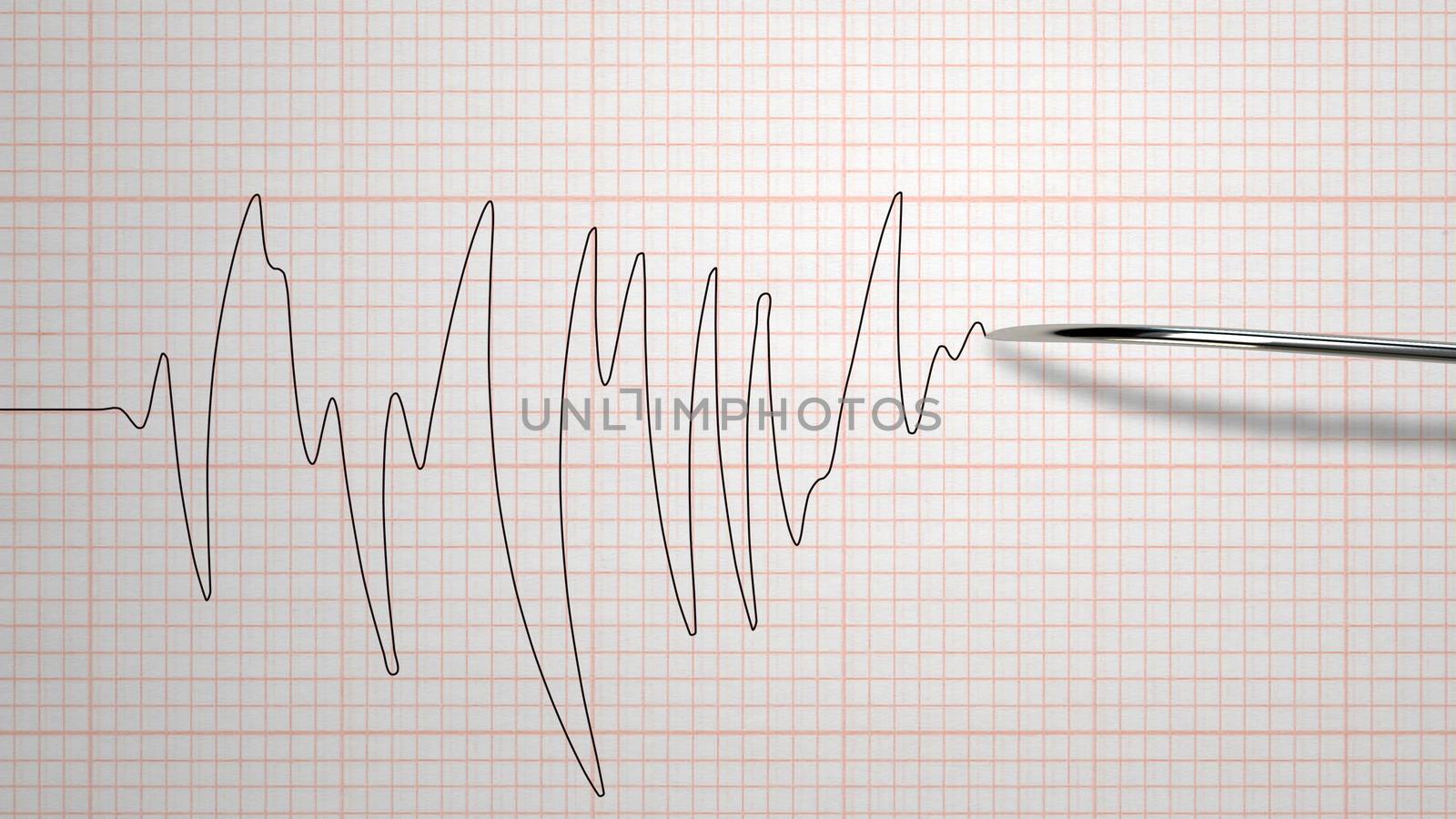 A multilayered 3d rendering of a lie detector with a metallic stylus putting down a red curvy line on a paper with boxes. The lines have different parameters. It means some person is dishonest.