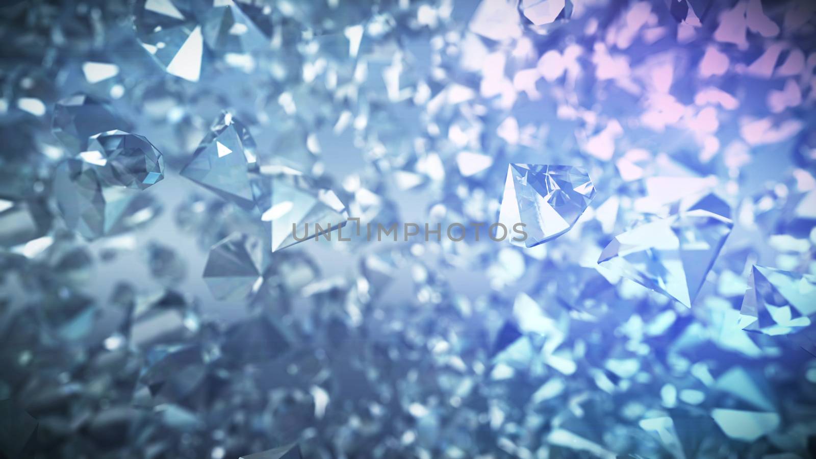 A dreamlike 3d illustration of a numerous multicarat diamonds shining with blue facets. They levitate together and attract us with their luxurious beauty and pricey cost. They are super!