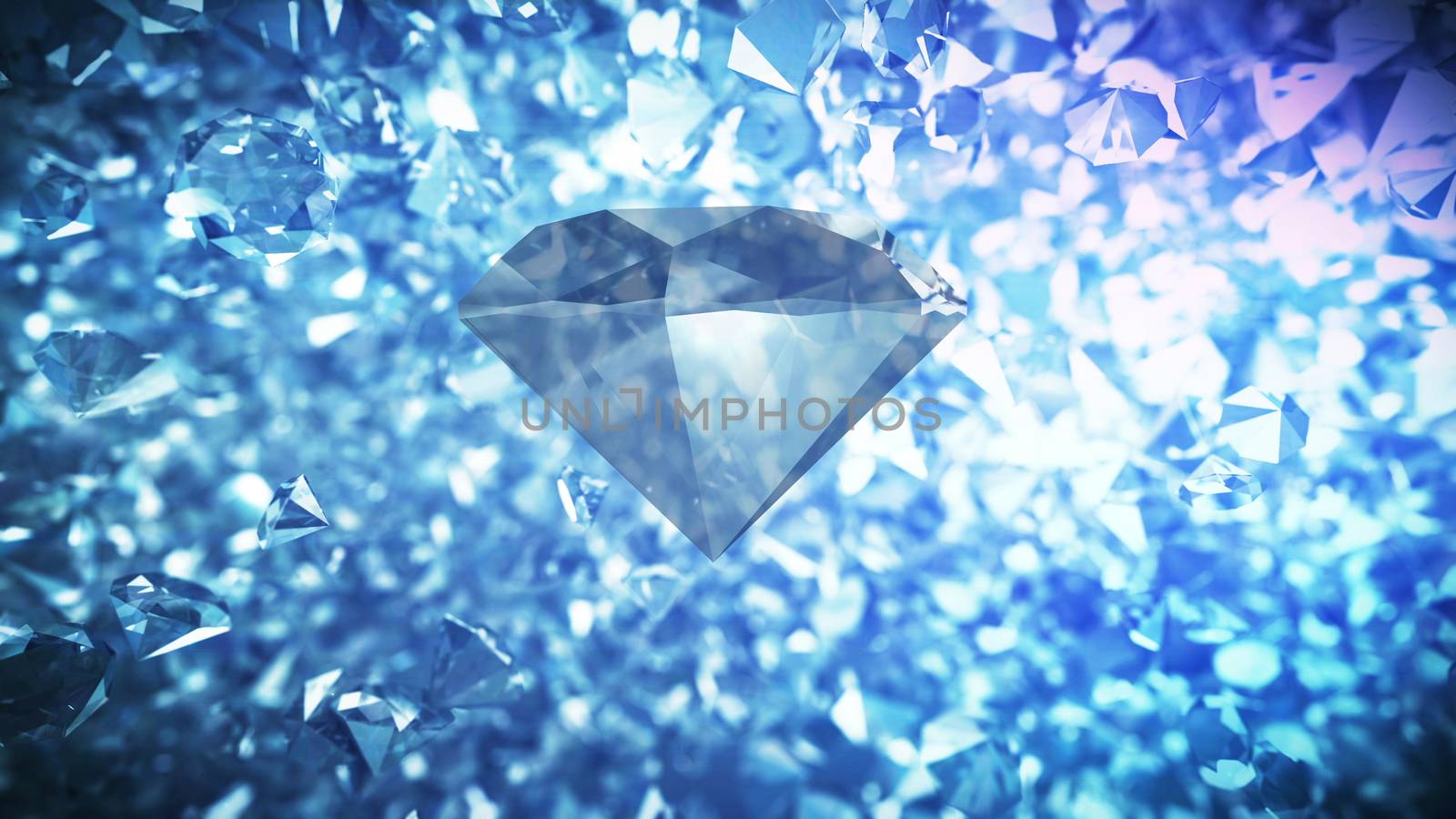 A daydreaming 3d rendering of a big precious diamond with numerous multicarat diamonds shining with white and blue facets behind it. They whirl together and look great and gorgeous