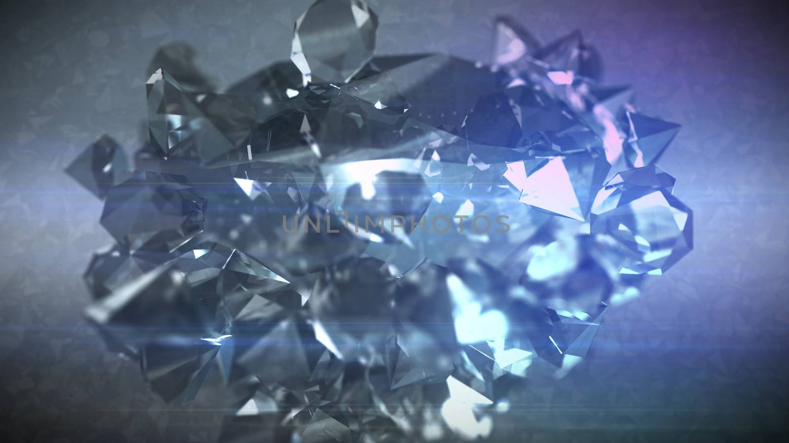 A luxurious 3d rendering of a big precious diamond with numerous multicarat diamonds shining with white and blue facets around it. They levitate together and look fine and fabulous!