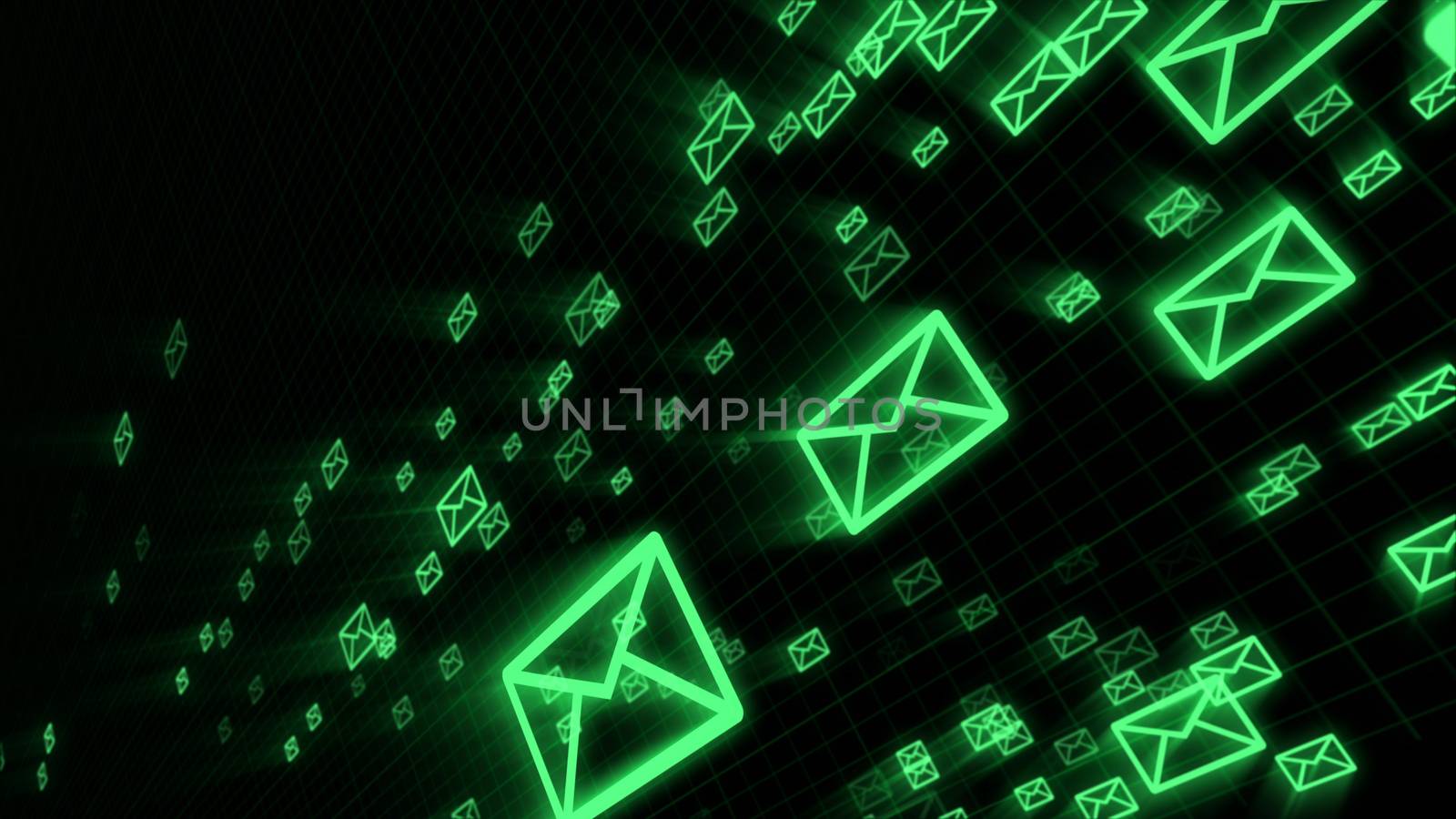 An exciting 3d rendering of flying green electronic mail envelops maintaining the world communication process. They are in the black background placed diagonally.