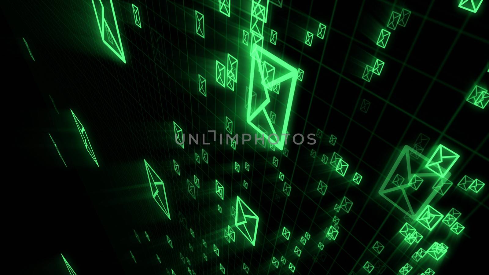 An advanced 3d illustration of dashing electronic mail envelops supporting the world communication process. They are in the black background placed aslant.