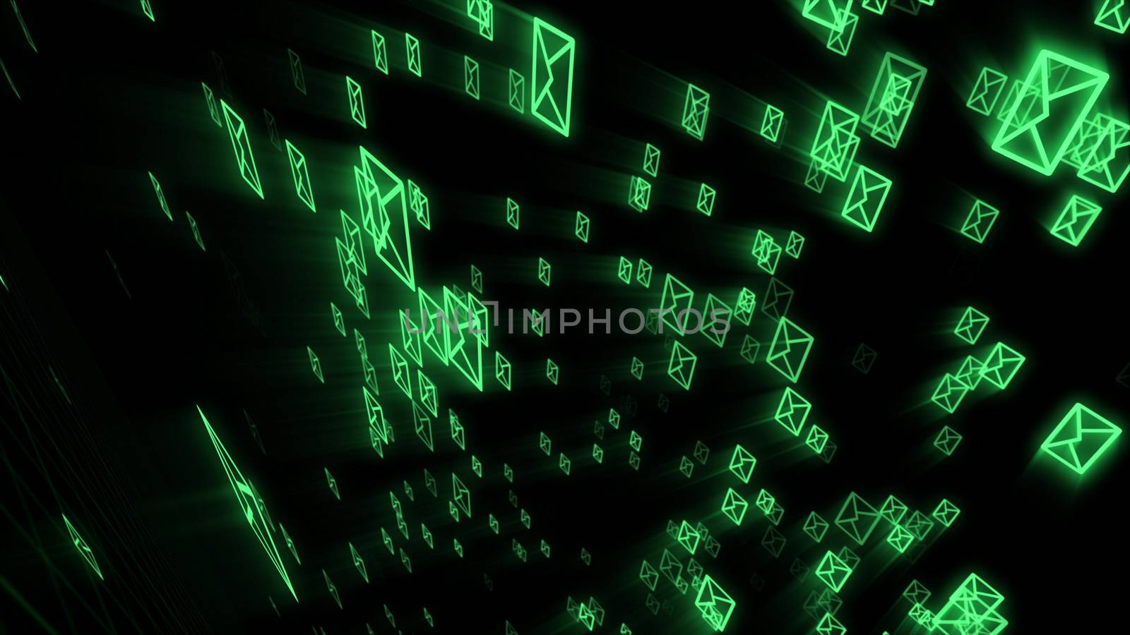 An astonishing 3d rendering of fast moving electronic mail envelops keeping on the world communication process. They are in the black background placed askew.