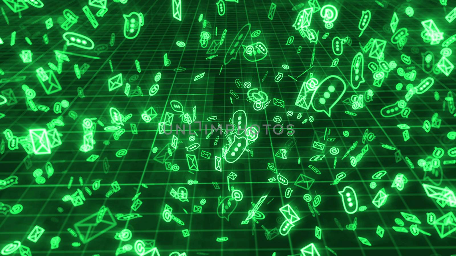 A cyberspace 3d rendering of swirling in disorder green emails, at signs, and three dot symbols, maintaining the world communication. They fly in the black background with a grid.