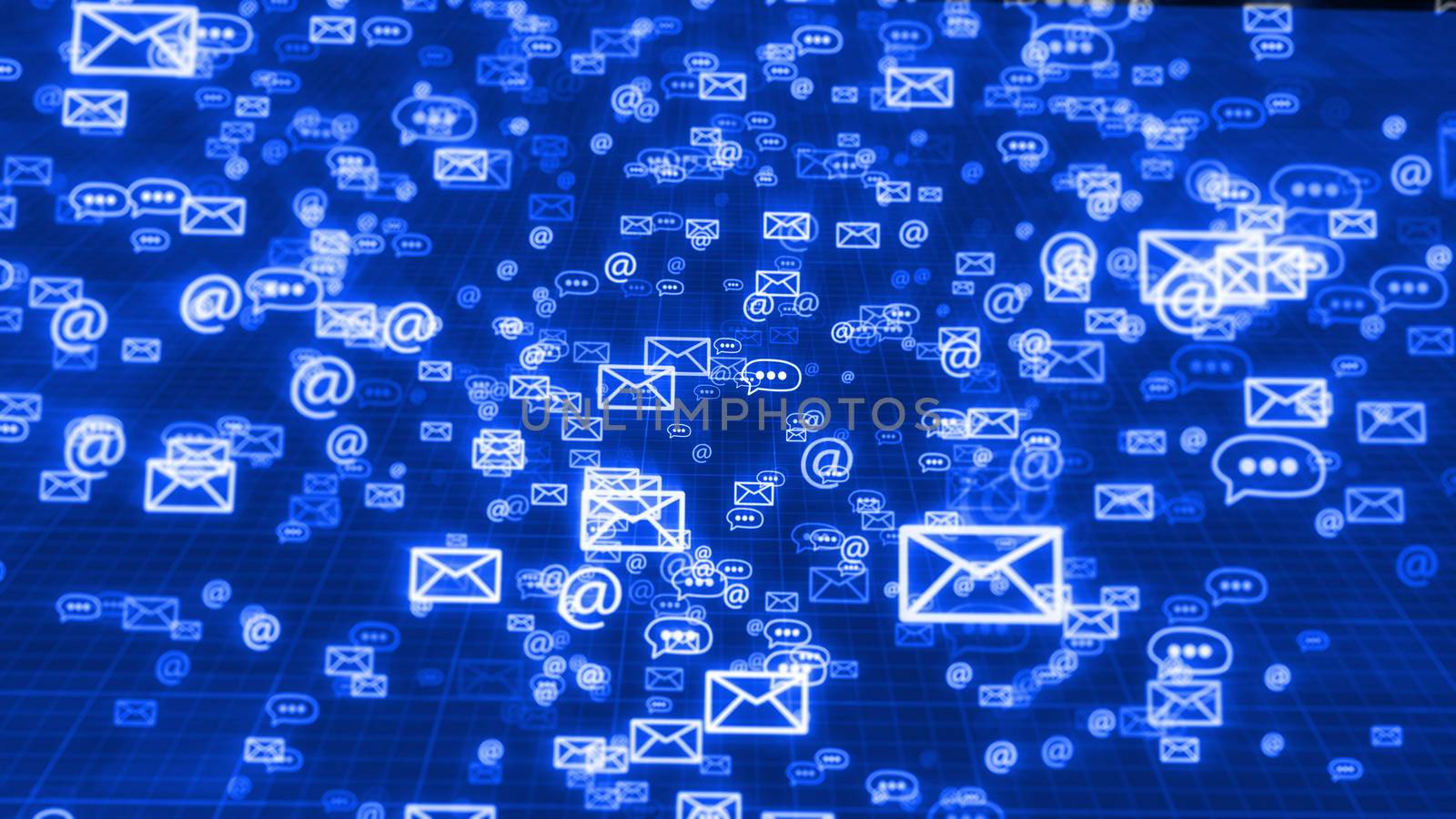 An innovative 3d illustration of flying in classic order blue emails, at signs, and three dot symbols, maintaining the global communication. They fly in the black background with a network.