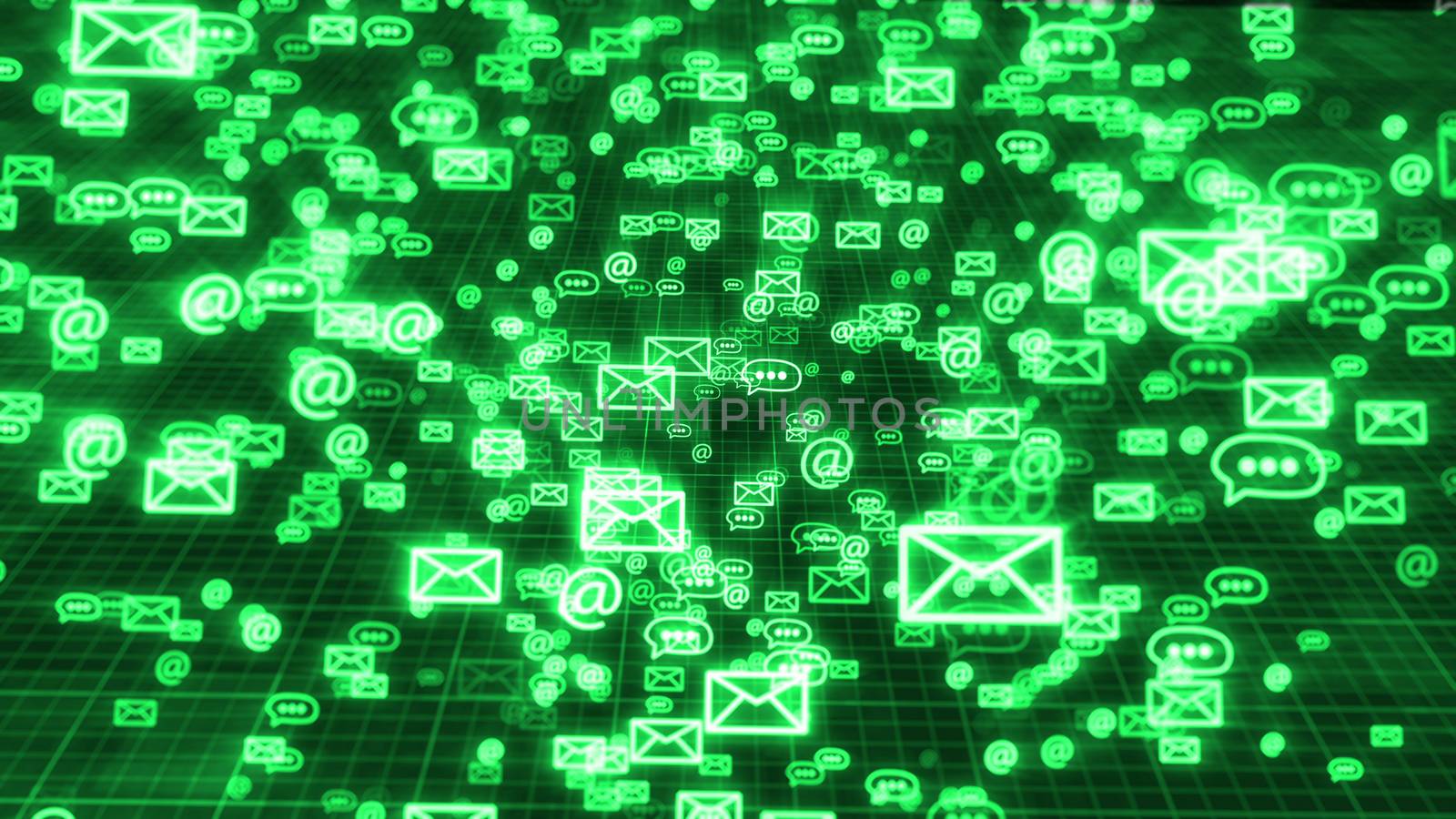 An advanced 3d rendering of flying in some order green emails, at signs, and three dot symbols, keeping the global communication. They move in the black background with a network.