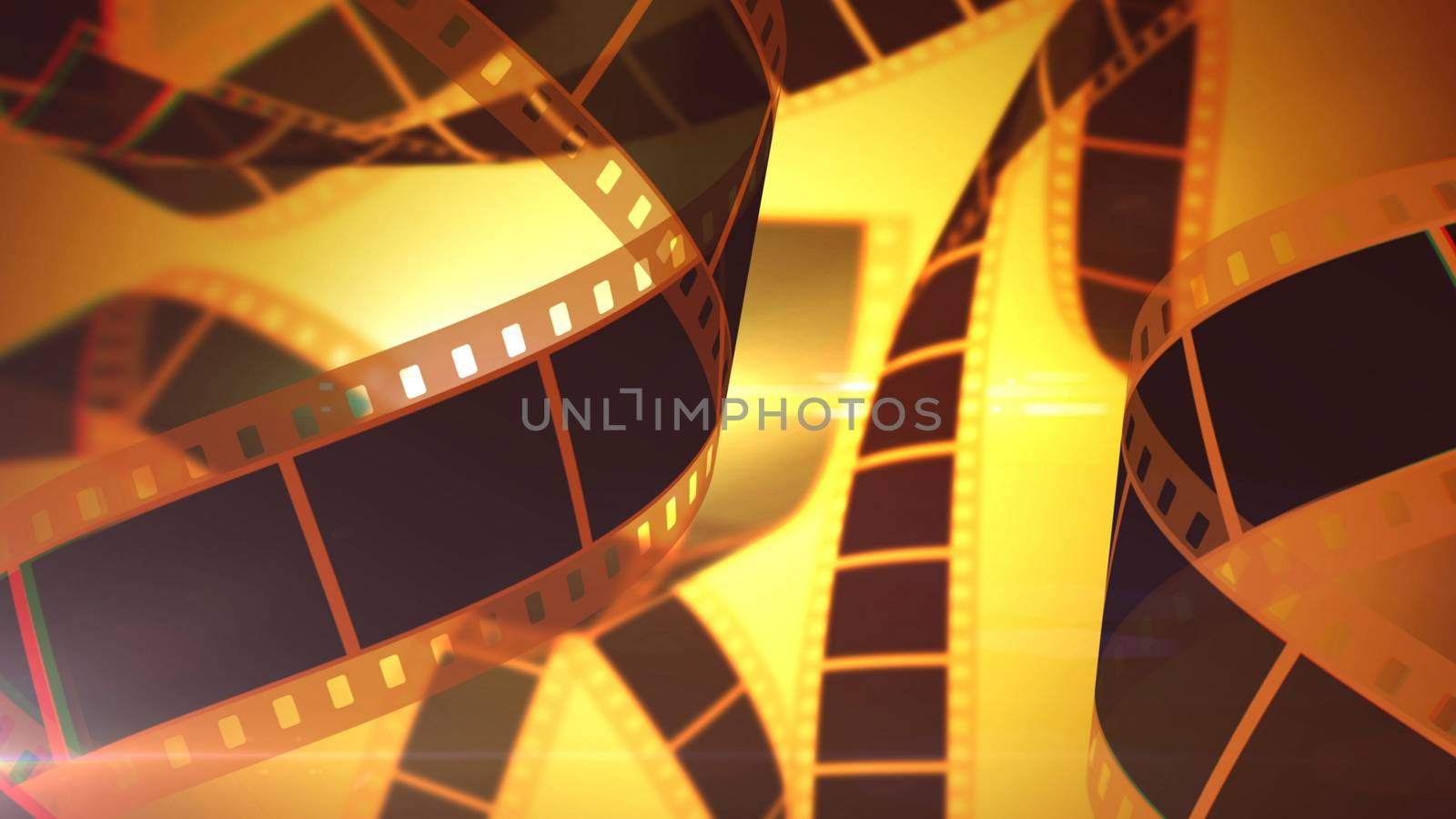 An old-fashioned 3d rendering of black and yellow film tape rolls covering the whole illustration. The light source is located behind the rolls of tape. It causes nostalgia.
