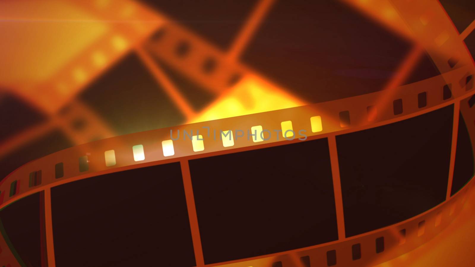 A vintage 3d rendering of black and yellow film tapes stretching on the whole picture. The light source of a projector is placed behind the curvy tape. It leads to nostalgia feelings.