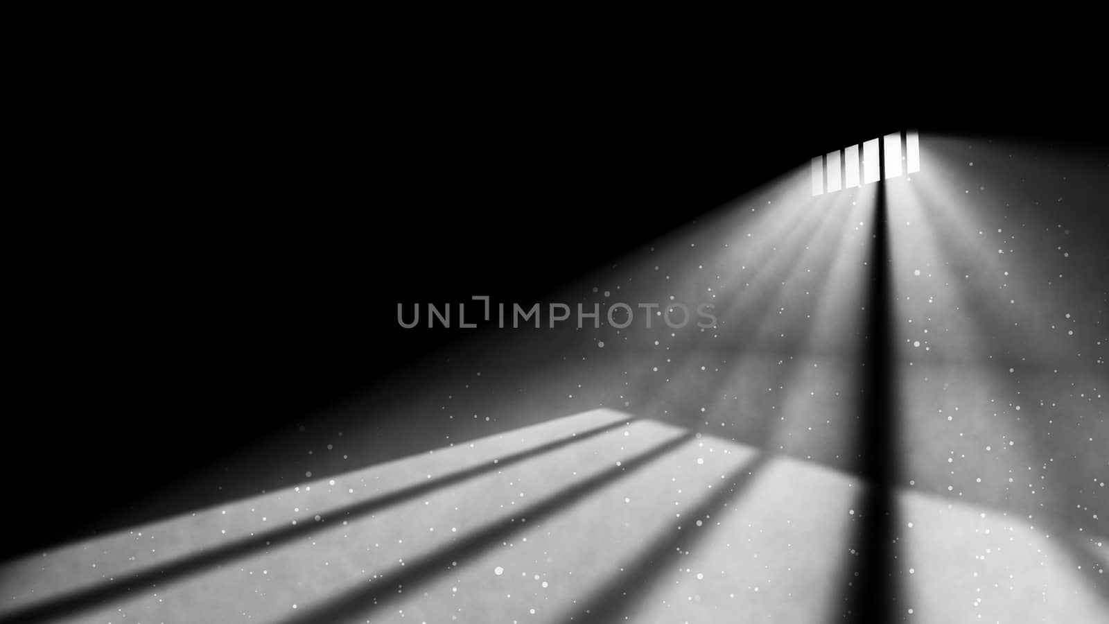 A heartbreaking 3d illustration of a corner jail window light in a completely dark prison cell. The beams of sun look like a light of hope for freedom. They make vicious white stripes on jail floor.