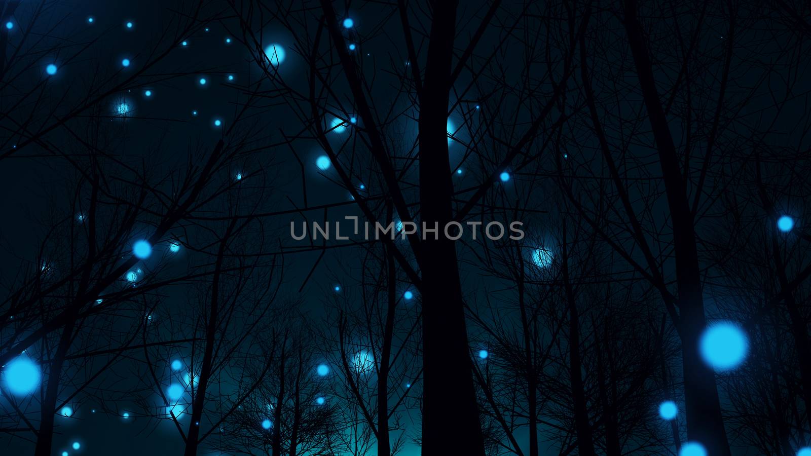 A magic 3d illustration of blue ball lightnings in an autumn forest with many bare trees with twisted and vicious twigs. They look ferocious and mysterious in the black background.