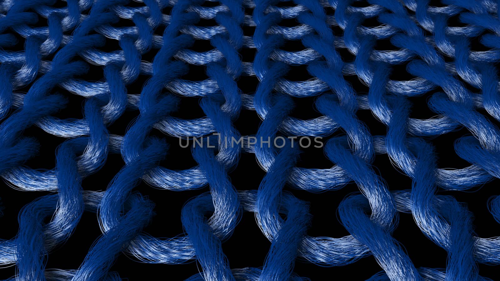 An exciting 3d illustration of old-fashioned material strands made of loops connected with each other. They look like a rough ring-mail for knights. The material is in the black background put askew.