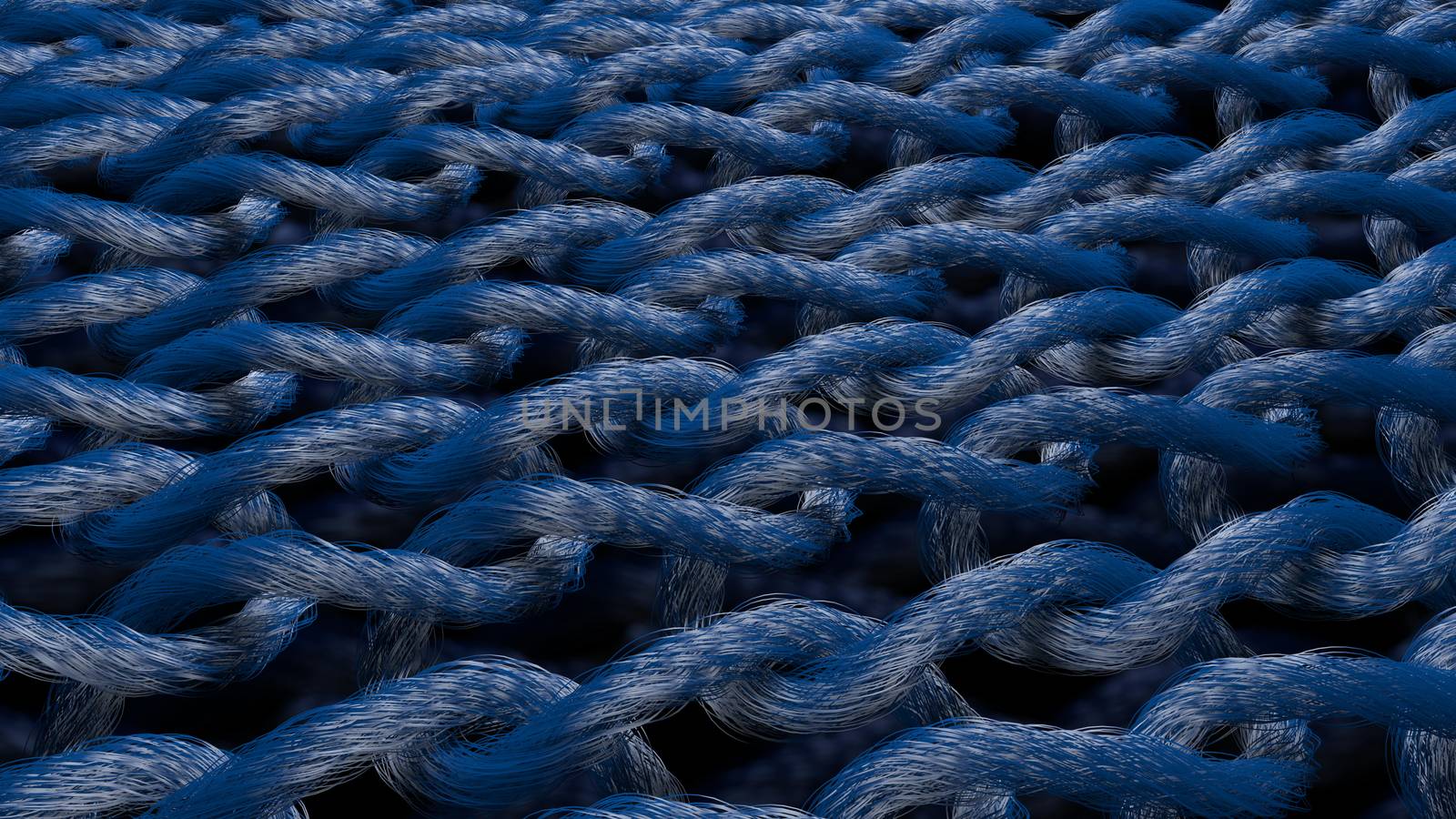 An amazing 3d rendering of rough material strands composed of loops connected with each other. They look like a crude ring-mail for knights. The fiber is in the black background put diagonally.