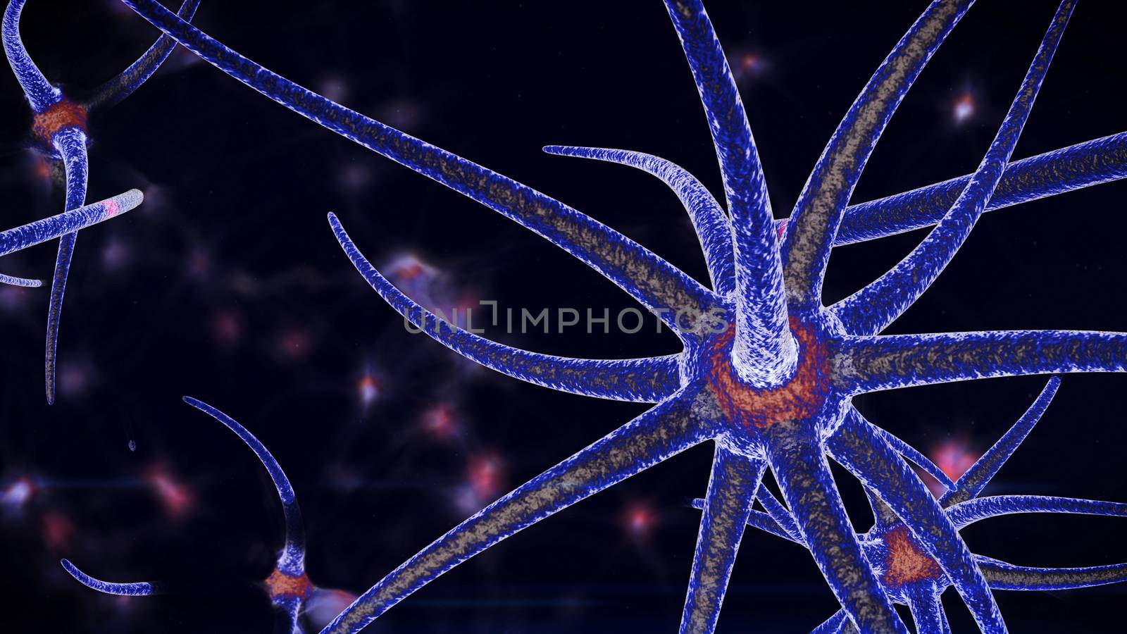 An impressive 3d rendering of octopus looking structures of a blue color through which red neuron signal move in different direction. The structures are placed in the black background.