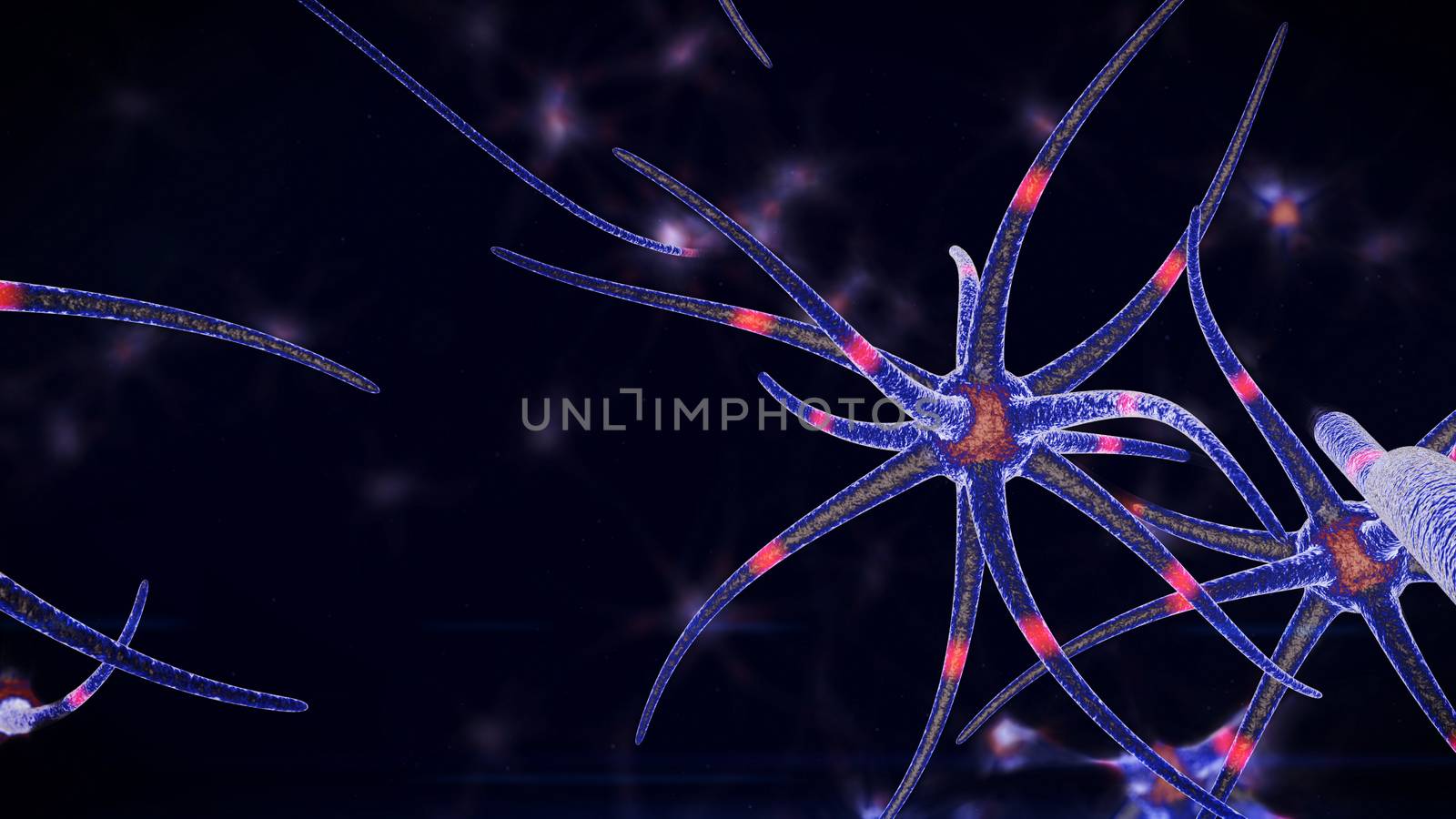 A microbiological 3d rendering of nano level tubes of a blue color through which red neuron signals move in different direction. The tubes with neurons are put in the black background.