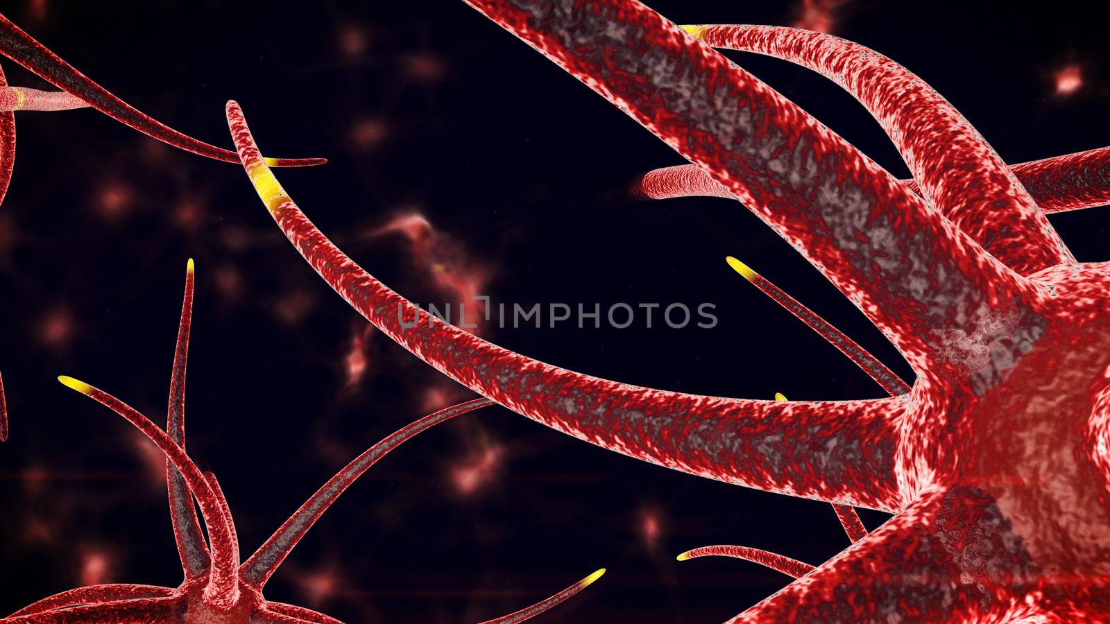 A biological 3d rendering of nano level structures of an orange color through which yellow neuron stimuli spread in various directions. The structures are placed in the black background.