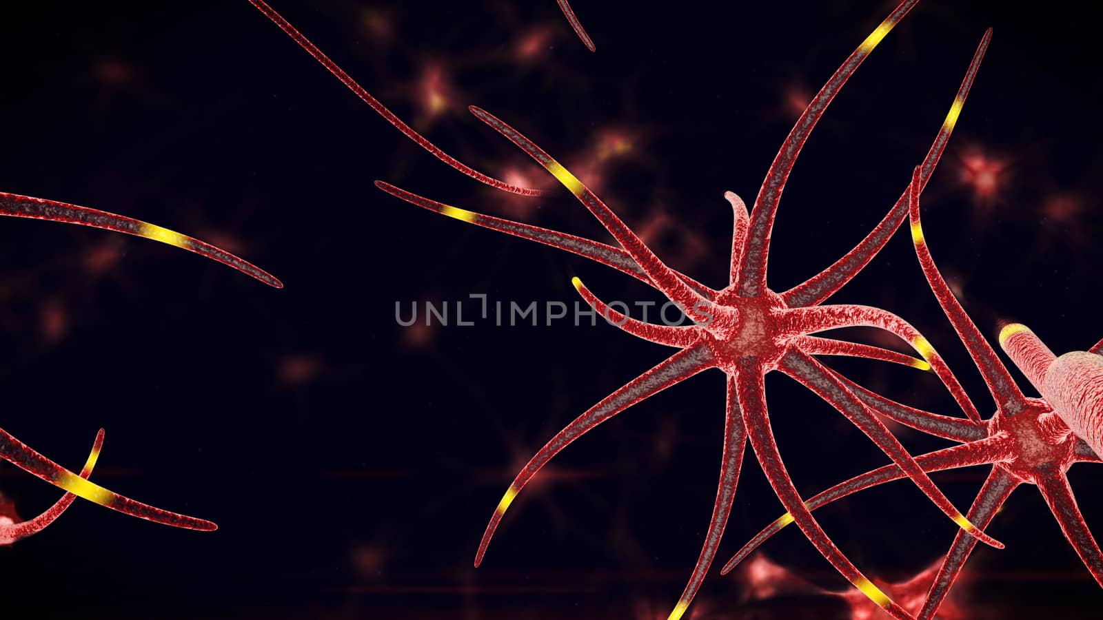 A biochemical 3d illustration of micro level structures of an orange color through which yellow neuron stimuli run in various directions. The formations are put in the black background.
