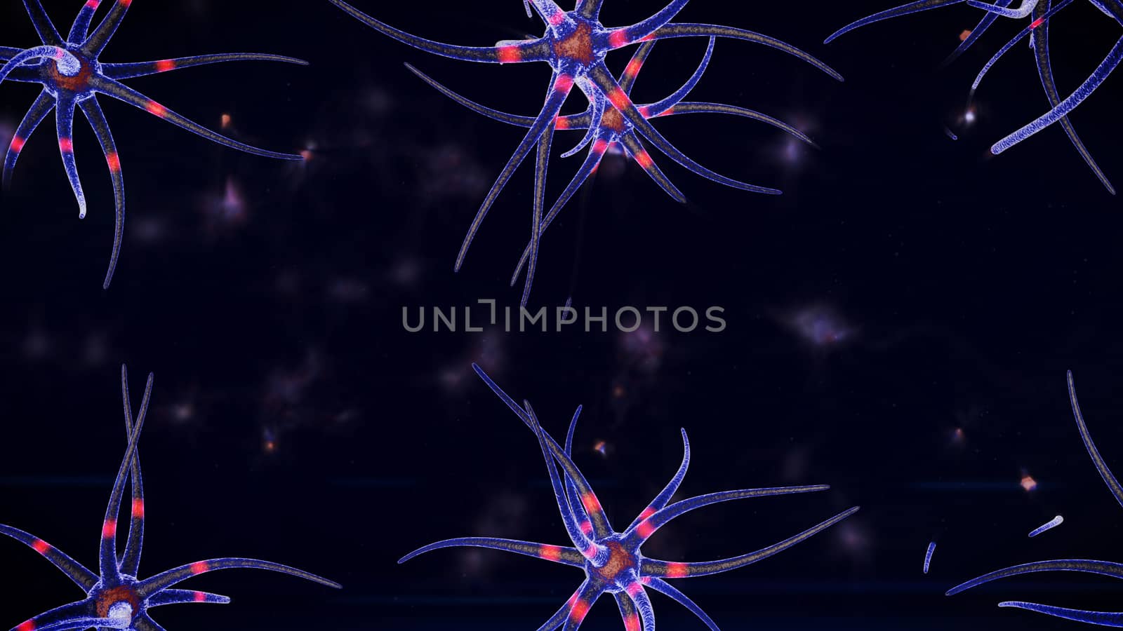 An abstract 3d rendering ofspider looking structures of a blue color through which red neuron stimuli go in various directions. The structures are located in the black background.