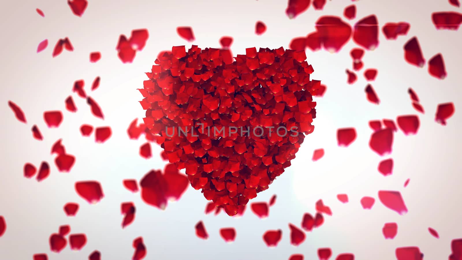 A hearty 3d illustration of flying petals of red roses in the white background. They make one big red heart and symbolize deep romantic feelings and some wedding approaching. 