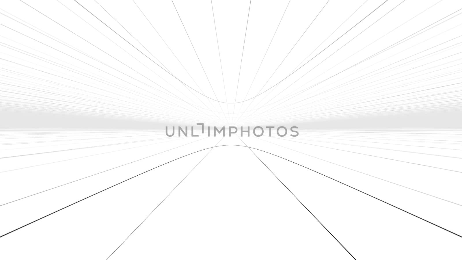A holographic 3d illustration of a hypersonic tunnel highway serving as a time portal from one reality to another. A mysterious network of lines rush forward in the white space background.