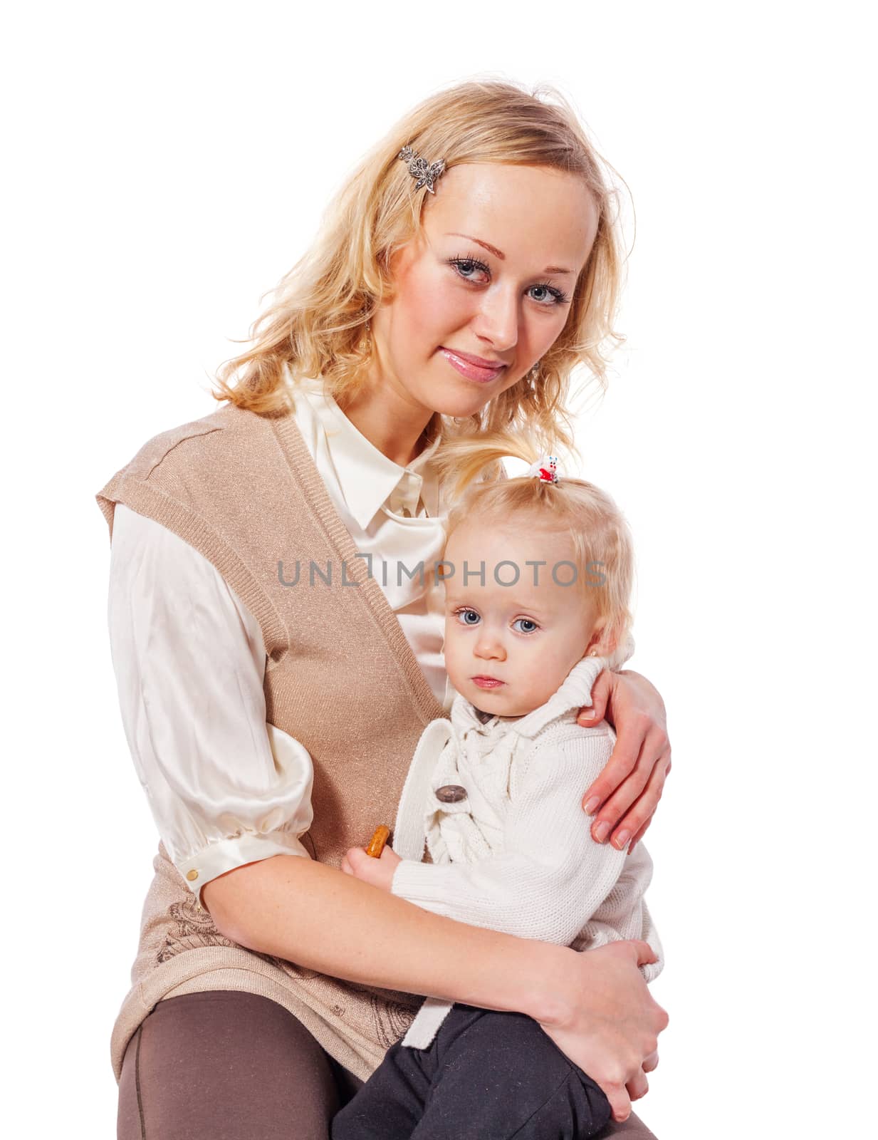 Happy mother holding daughter posing isolated on white