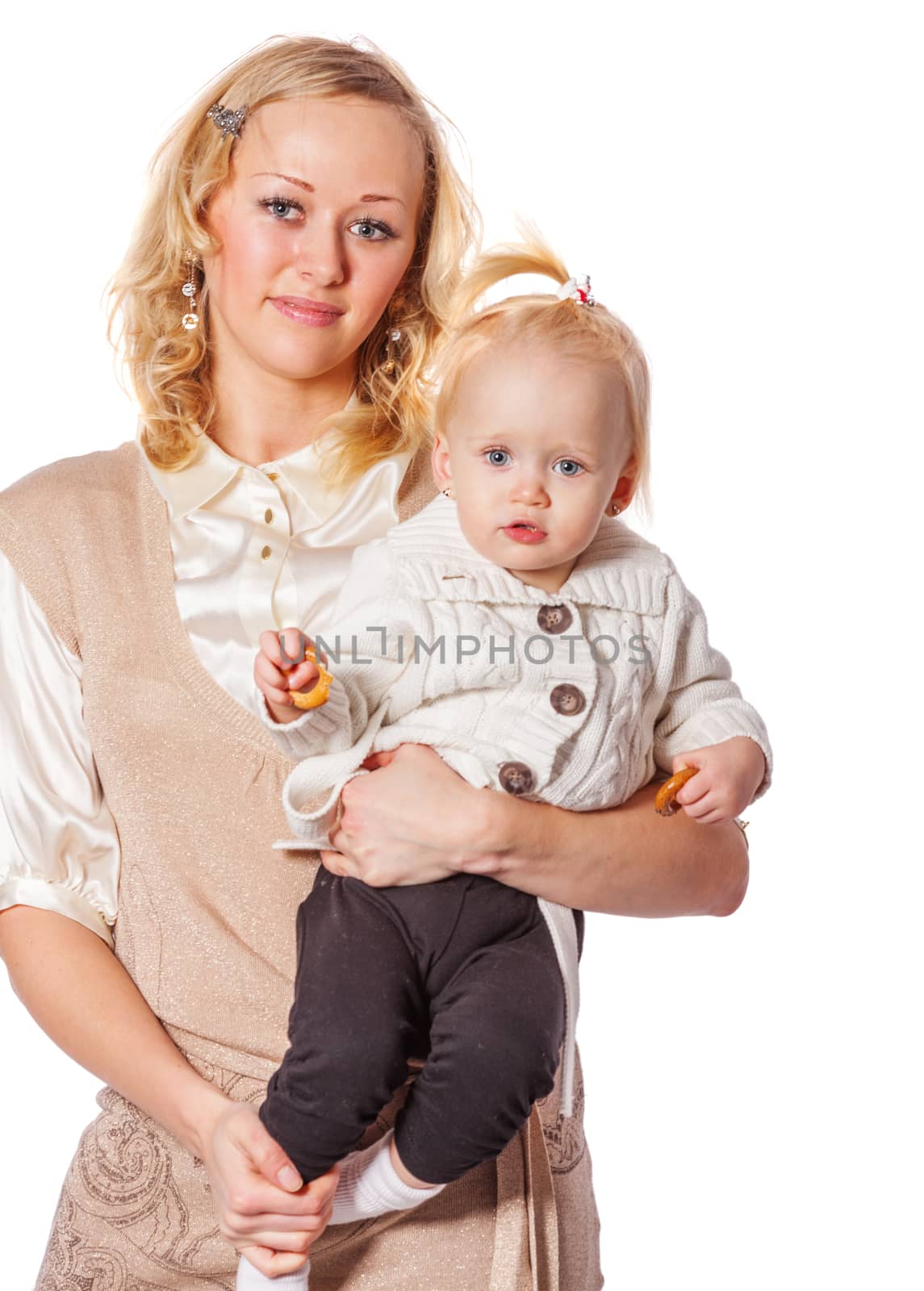 Happy mother holding daughter posing isolated on white