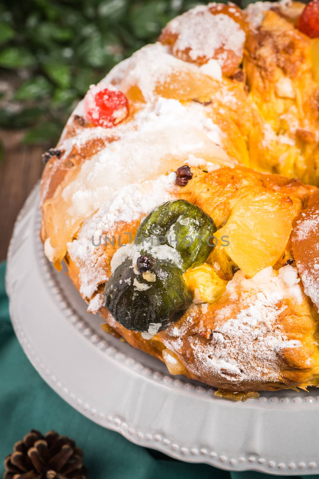 Bolo do Rei or King's Cake, Made for Christmas, Carnavale or Mardi Gras with Present Wrapping in Background