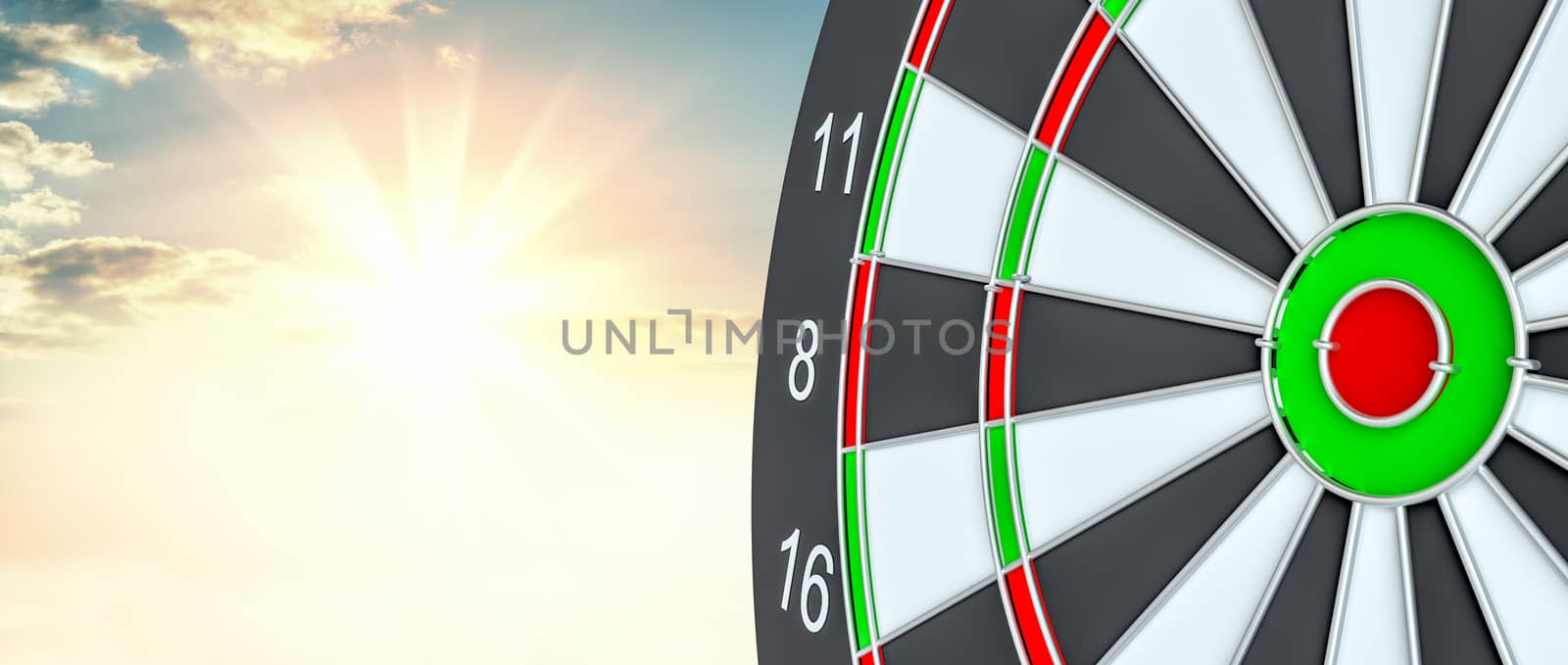 Target dart. 3d illustration. Sunrise on background