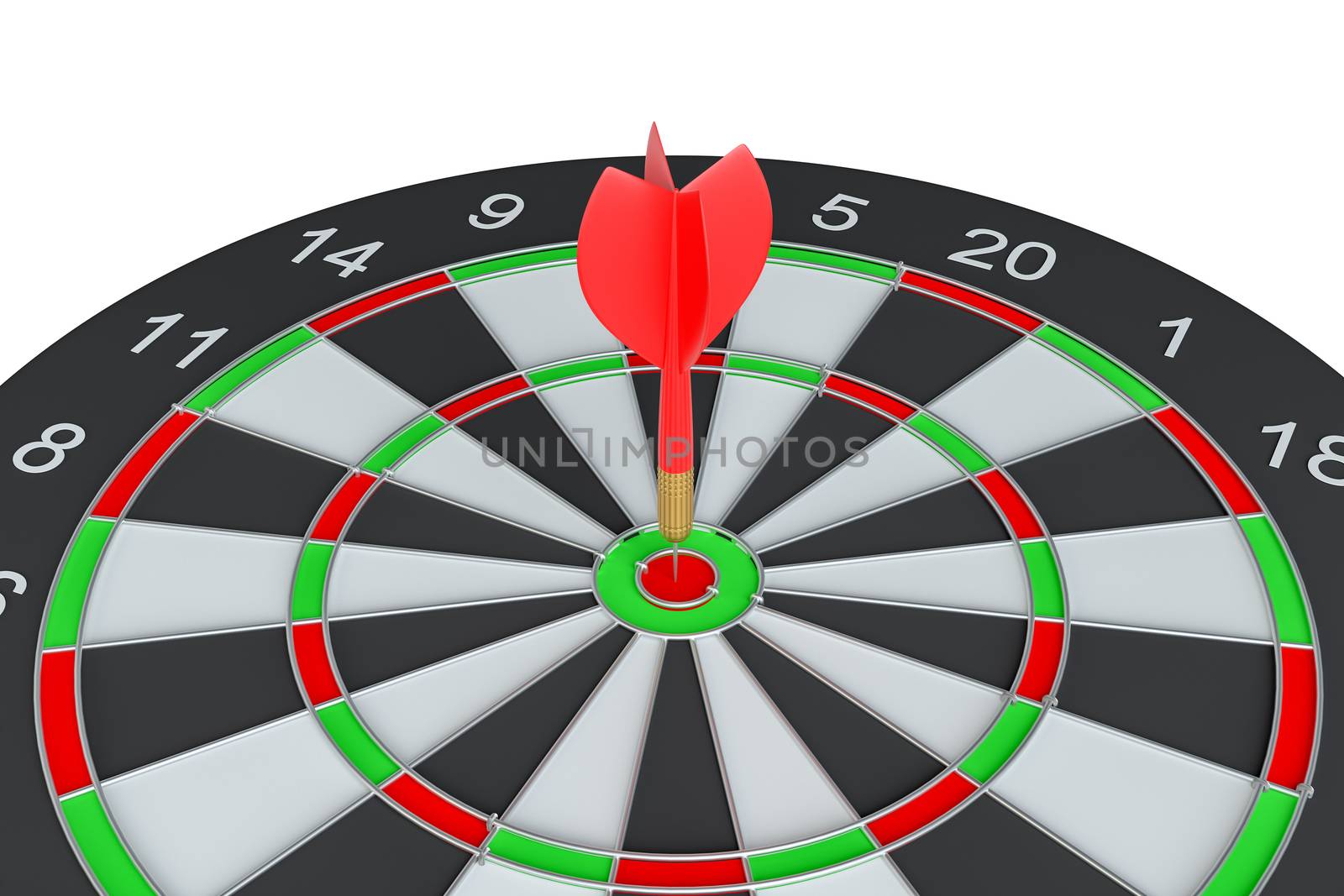Close up red dart arrow on center of dartboard by cherezoff