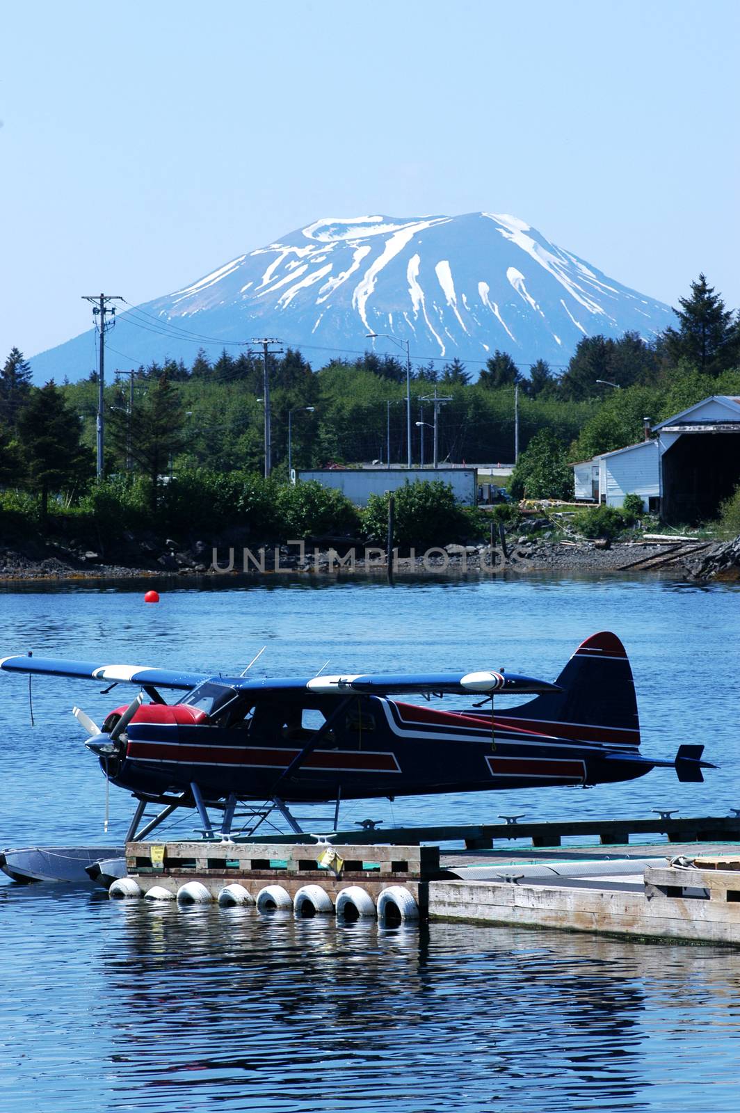 Hydroplane in front of volcano on Alaska