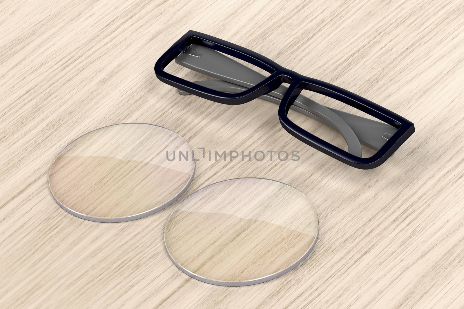 Plastic eyeglasses frame and uncut lens on wood background