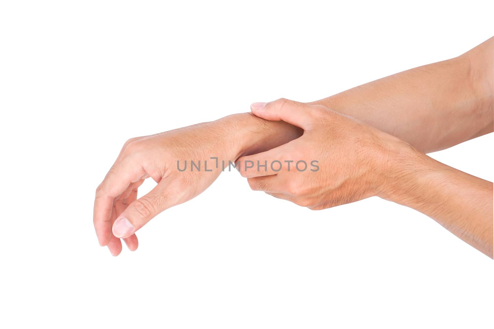 Man hand holding wrist on white background, health care and medi by pt.pongsak@gmail.com