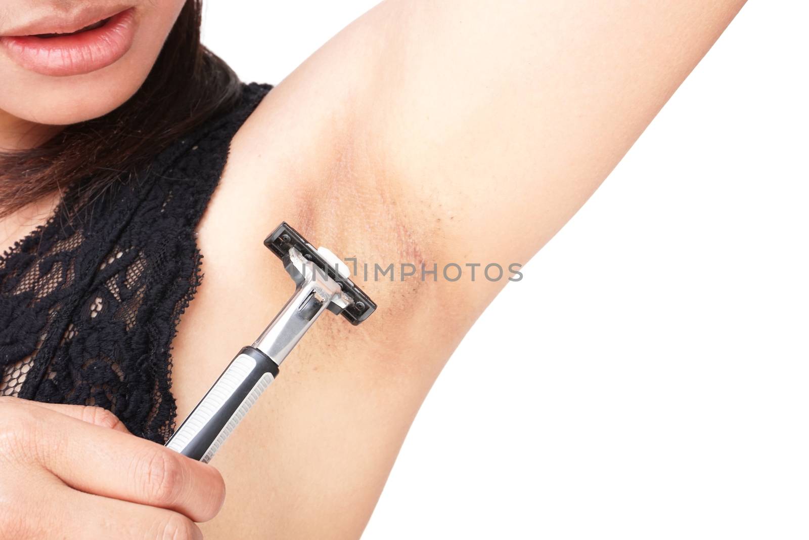 Close up woman problem armpit with razor shaving on white background