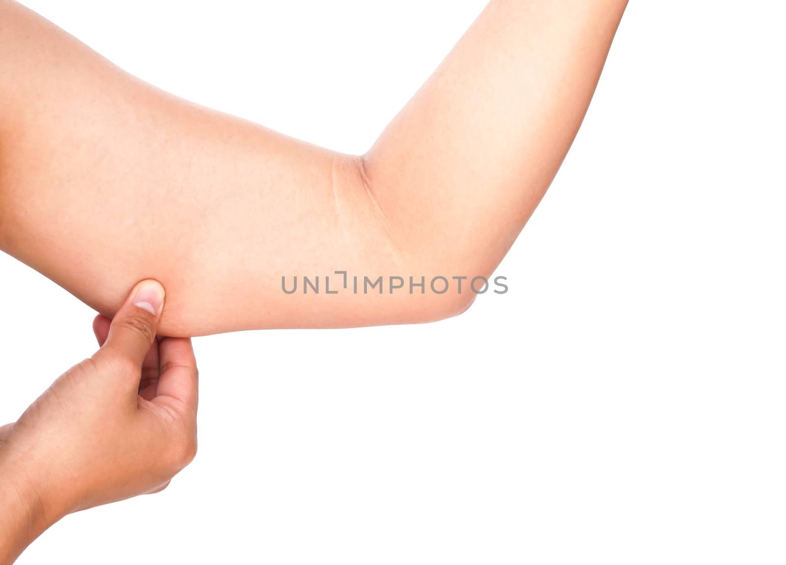 Closeup woman hand checking upper arm on white background health by pt.pongsak@gmail.com