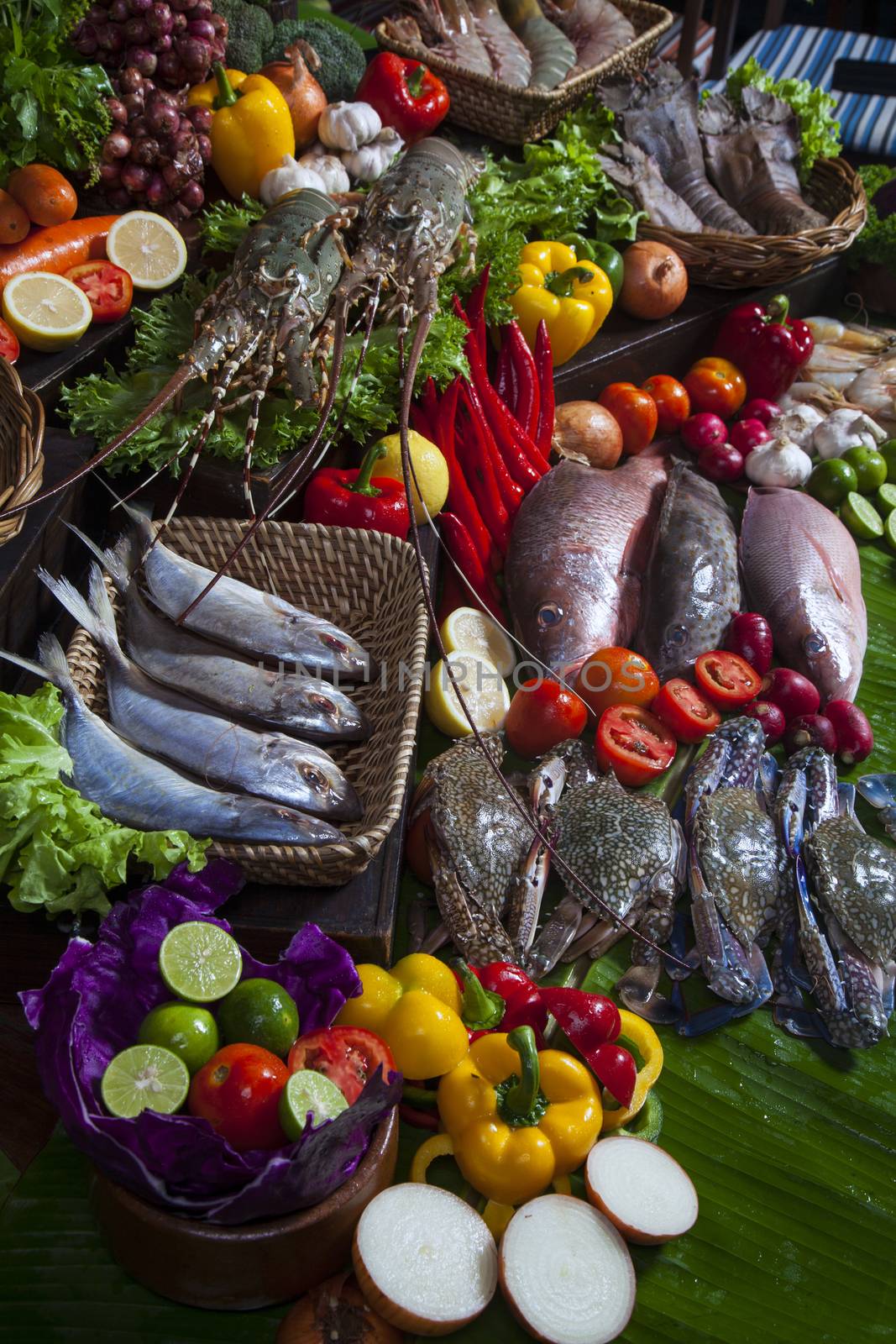 Freshly caught Sea fishes lobster and other seafood on display at the restaurant.