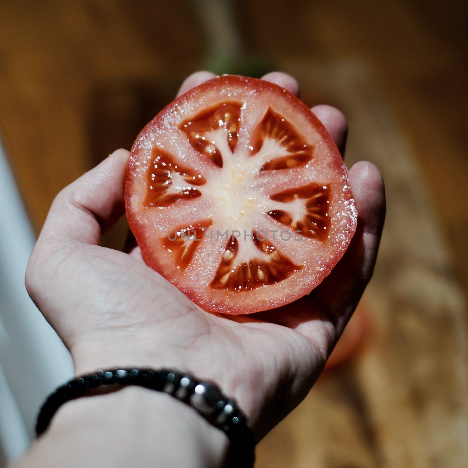 Fresh tomato in hand by adriantoday