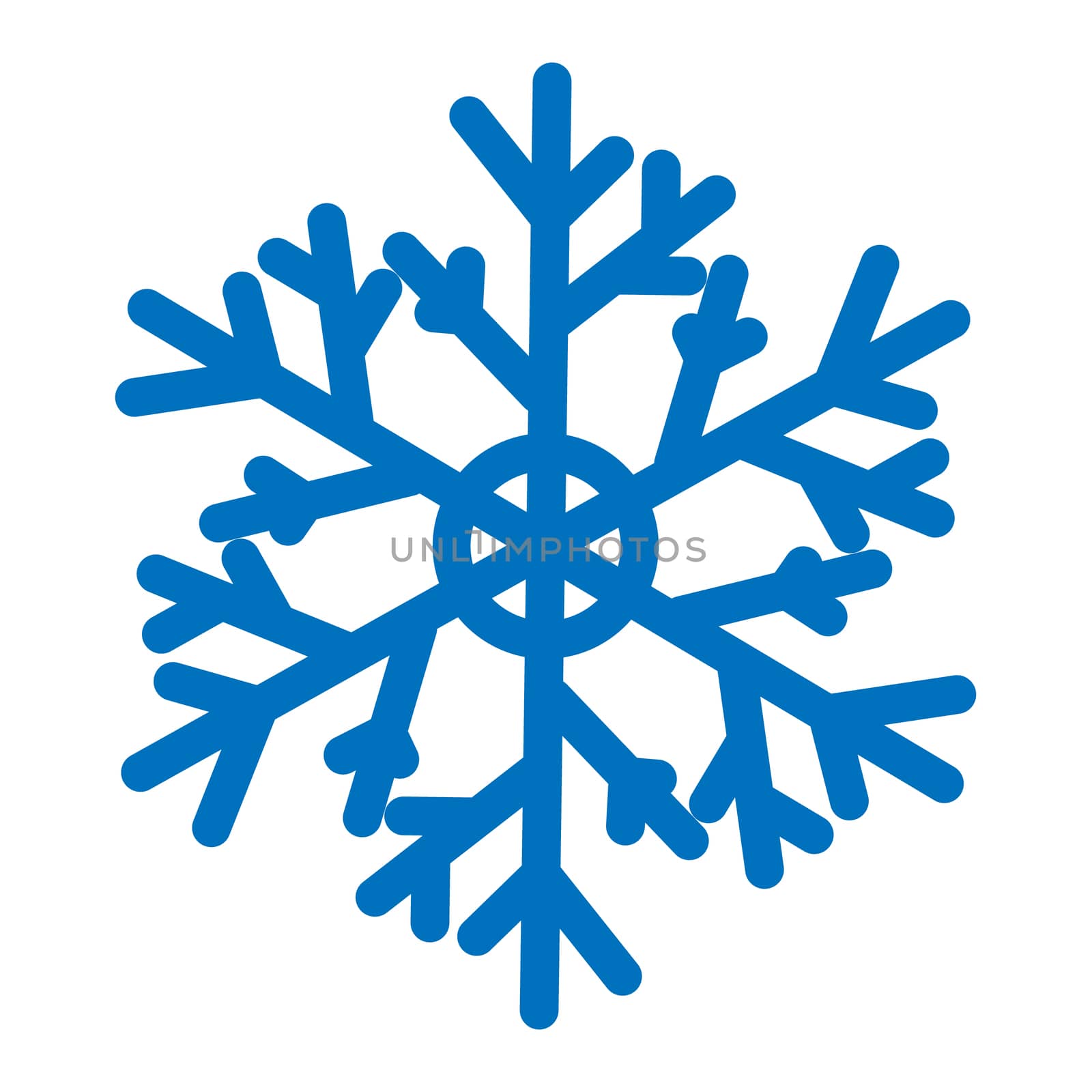 Blue ornate snowflake isolated on white background. Flat icon with christmas and winter theme. Simple snow symbol illustration.