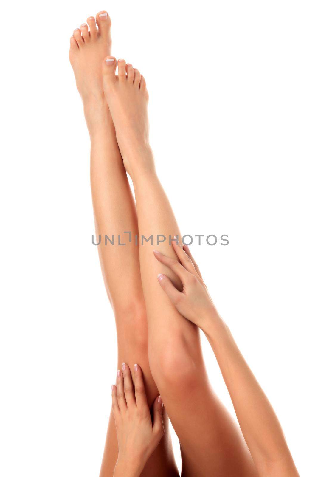 Closeup shot of beautiful female legs and hands. Woman touches her smooth skin with french manicured hands. Isolated on white background