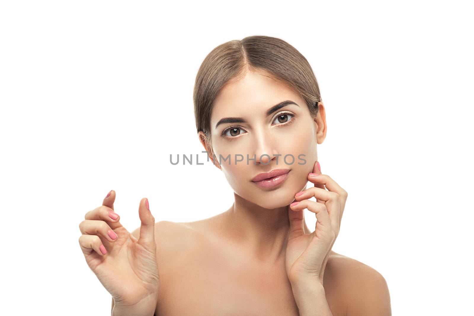 Skin care beauty woman showing empty palm with copy space for product. Caucasian female beauty model isolated on white background.