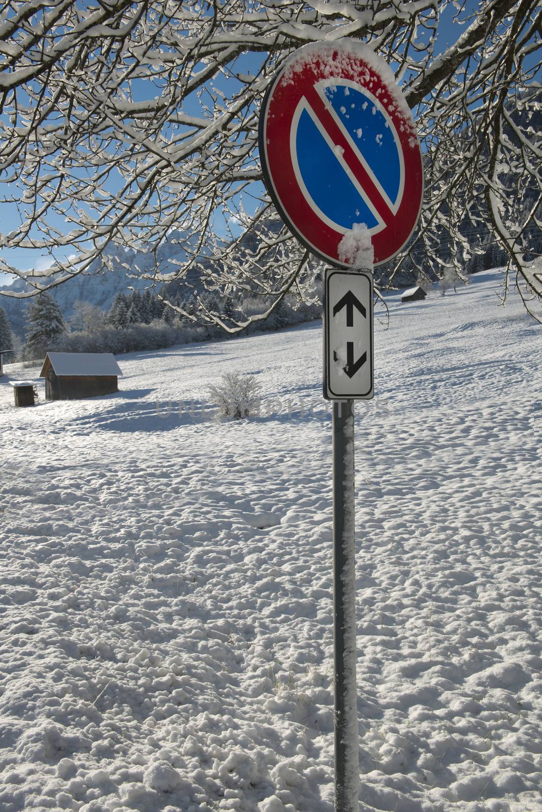 winter landscape covered by snow with no parking sign