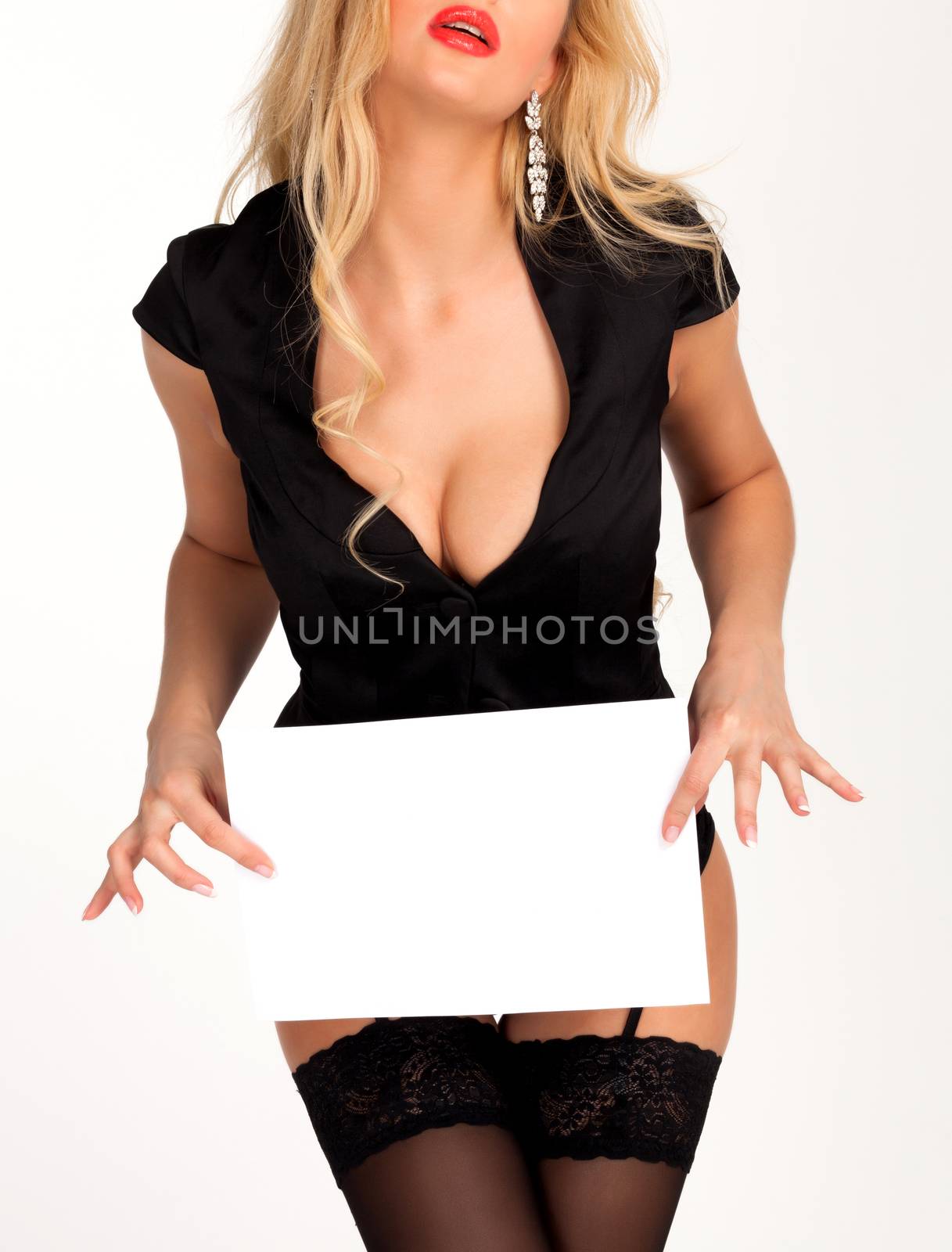 Sexy woman holding two blank paper sheets with a place for infor by Nobilior