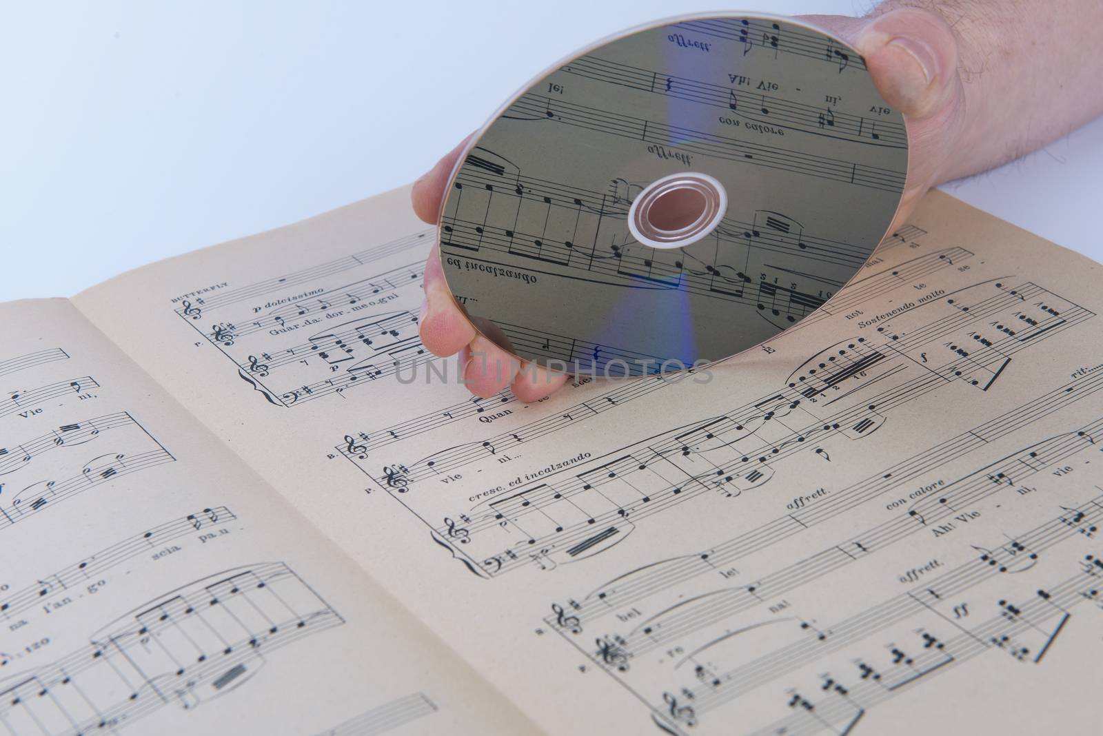 A page of a musical score with a CD on hand