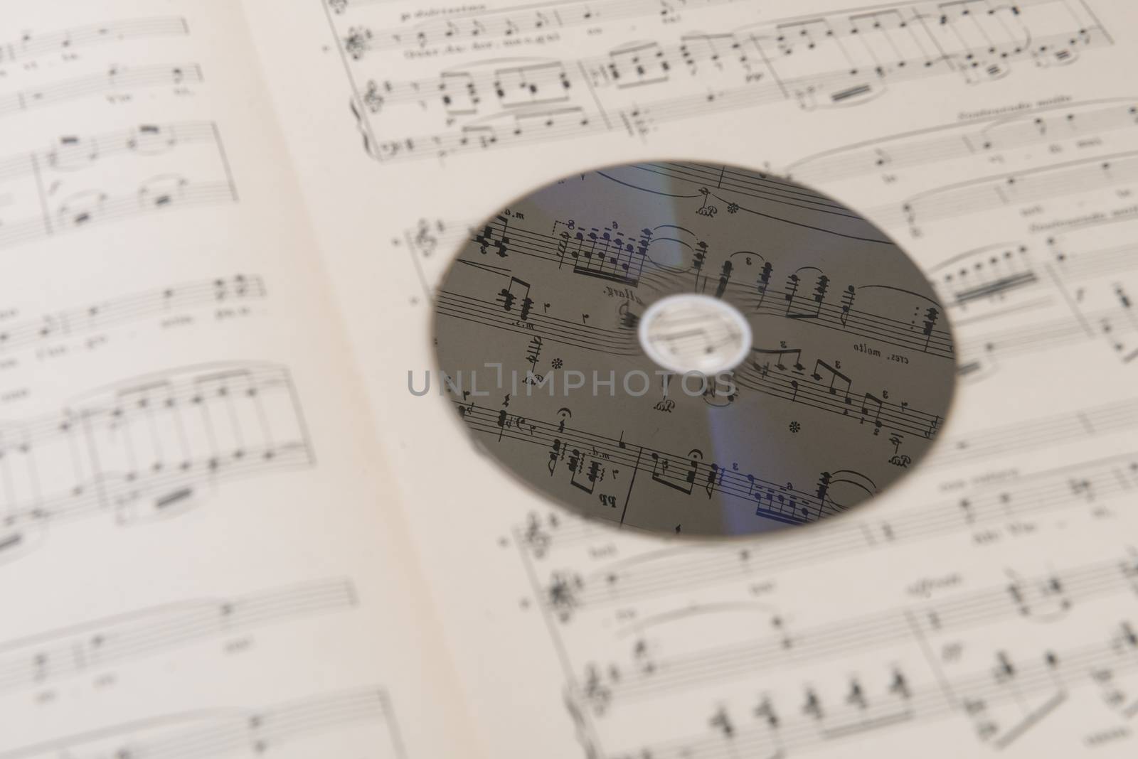 A page of a musical score with a CD on hand
