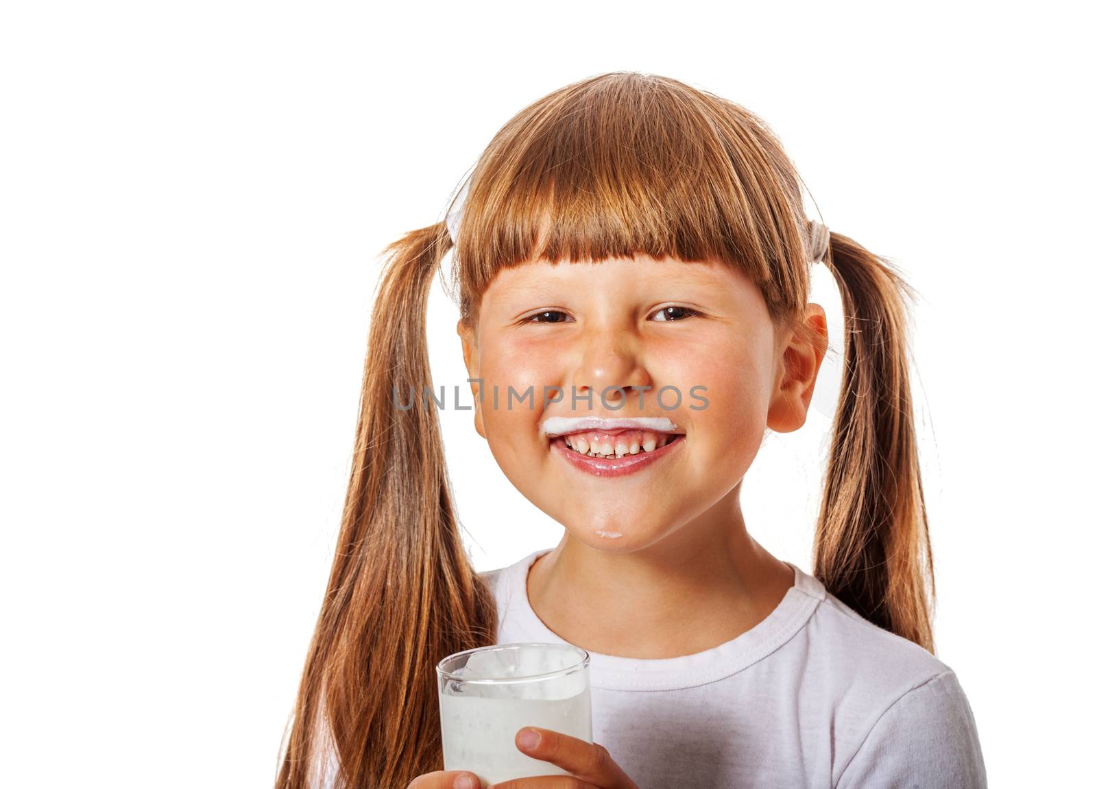 Six years Girl holding glass of milk isolated on white