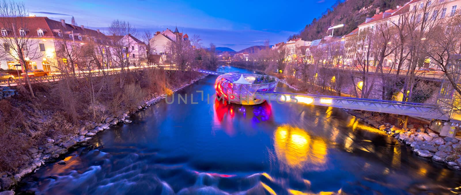 City of Graz Mur river and island evening view, Styria region of Austria