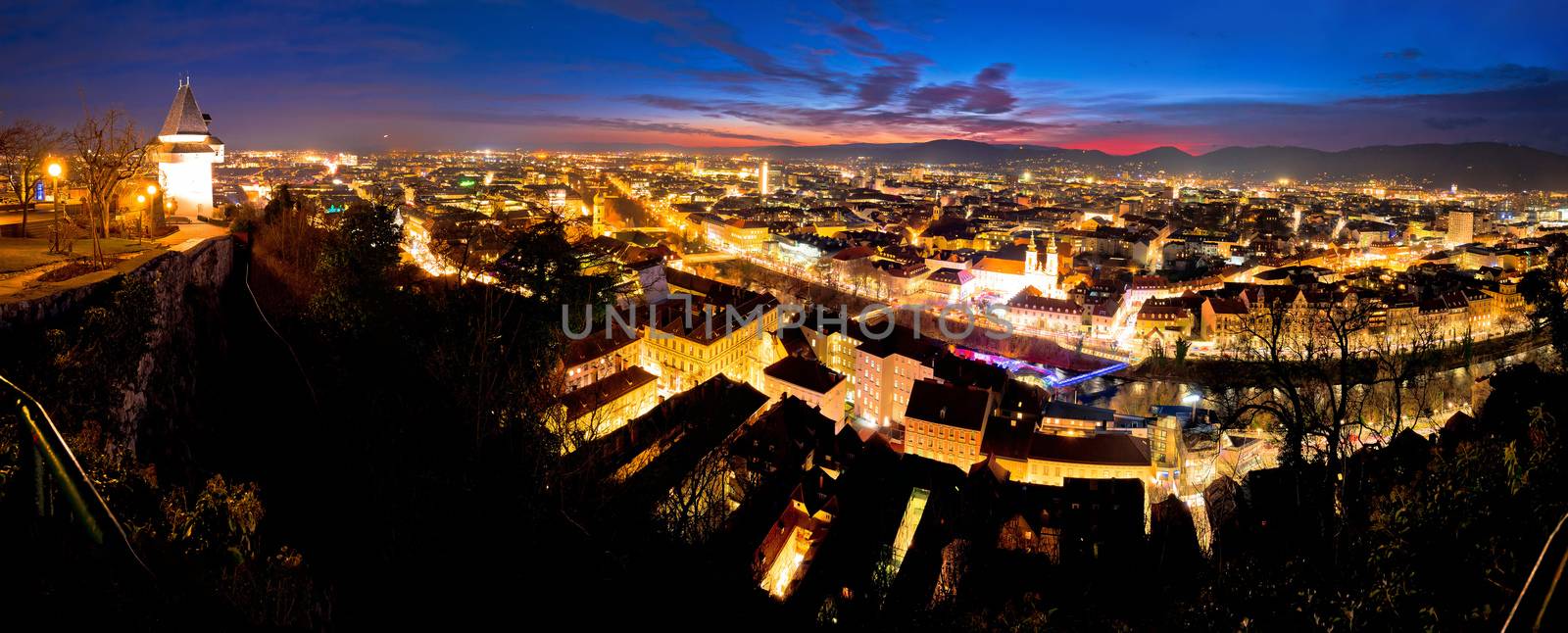 Graz aerial night panoramic view from Schlossberg, Styria region of Austria